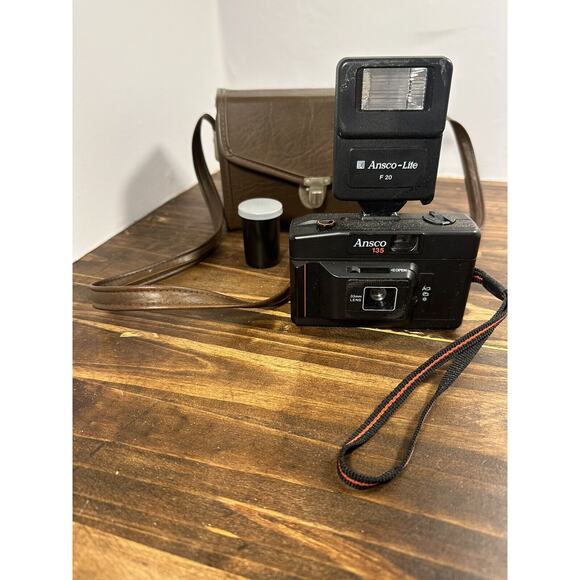Vintage 33mm Ansco 135 Camera W/ F20 Flash Black UNTESTED As Is Or PARTS w/ Case